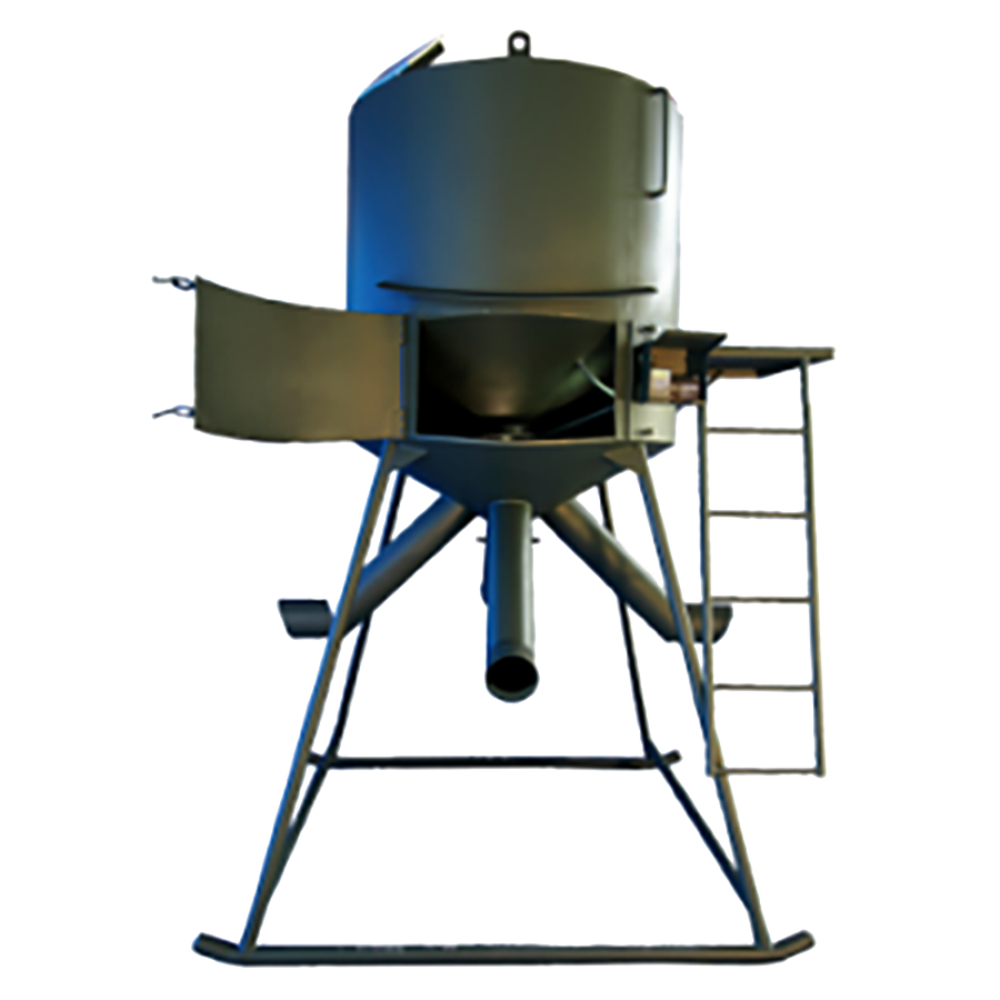 A metal wildlife feeder with a timer system.