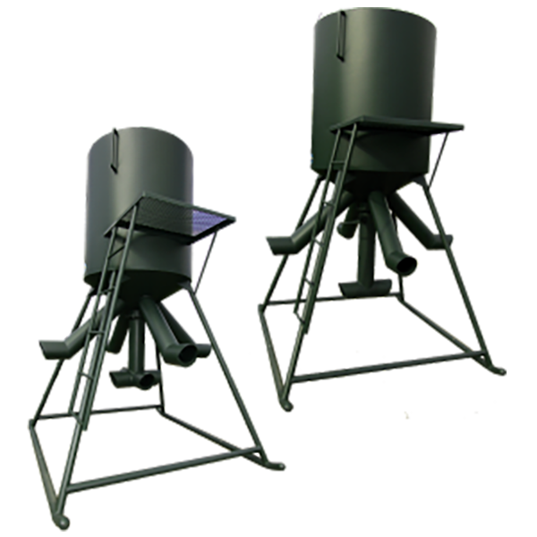 Two breen metal feeders with a tripod base, signed for wildlife.