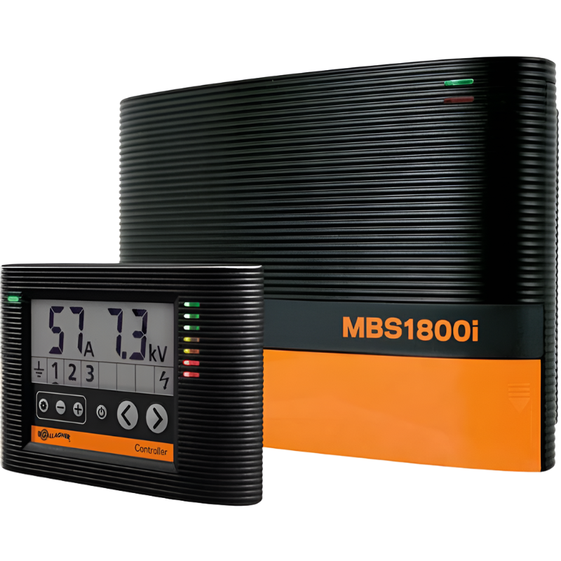 Energizer MBS1800i fence control unit, predominantly black with orange accents, featuring a digital display and various control buttons.