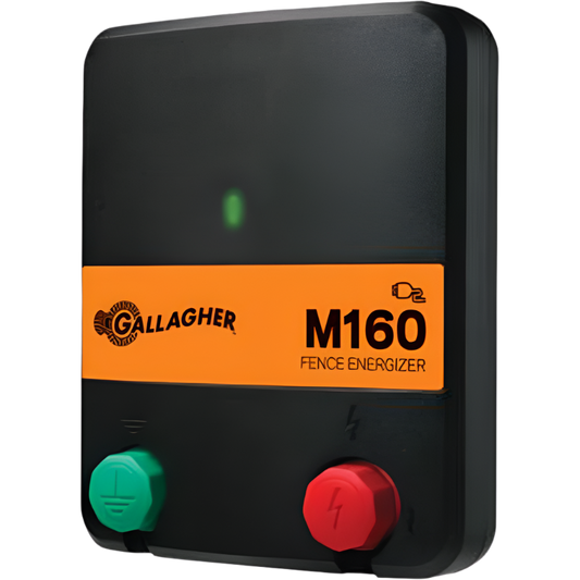 A black Gallagher M160 electric fence energizer with orange, green, and red buttons and a brand logo.