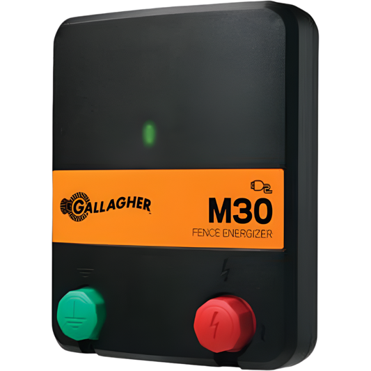 A black Gallagher M30 electric fence energizer with orange and green labels on the front, including brand and model information.