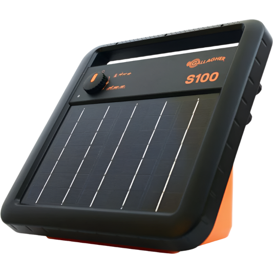 A black and orange Energizer S100 solar-powered electric fence energizer with an integrated solar panel.