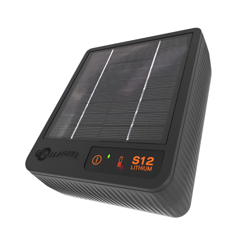 A black Energizer S12 solar-powered electric fence energizer with a solar panel on top and brand name displayed.