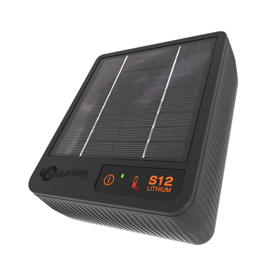 A black Energizer S12 solar-powered electric fence energizer with a solar panel on top and brand name displayed.