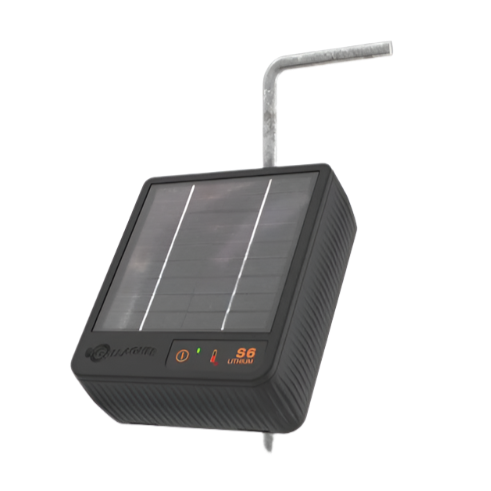 A black Energizer S6 Lithium Solar Energizer for electric fencing, showing the solar panel and control interface.