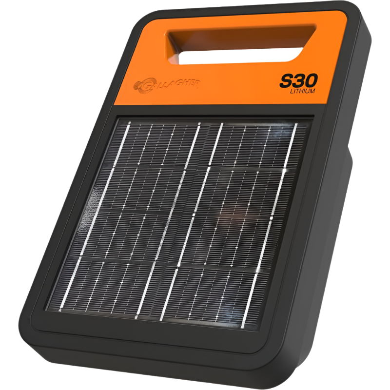 A portable black solar fence energizer with an orange handle and solar panels on the front, labeled 'S30 Lithium'.