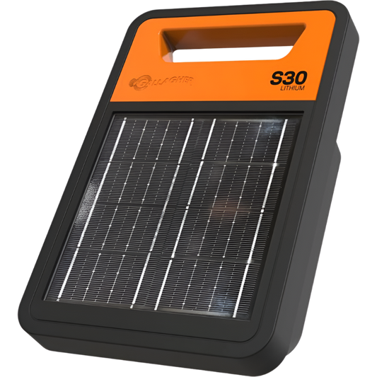 A portable black solar fence energizer with an orange handle and solar panels on the front, labeled 'S30 Lithium'.