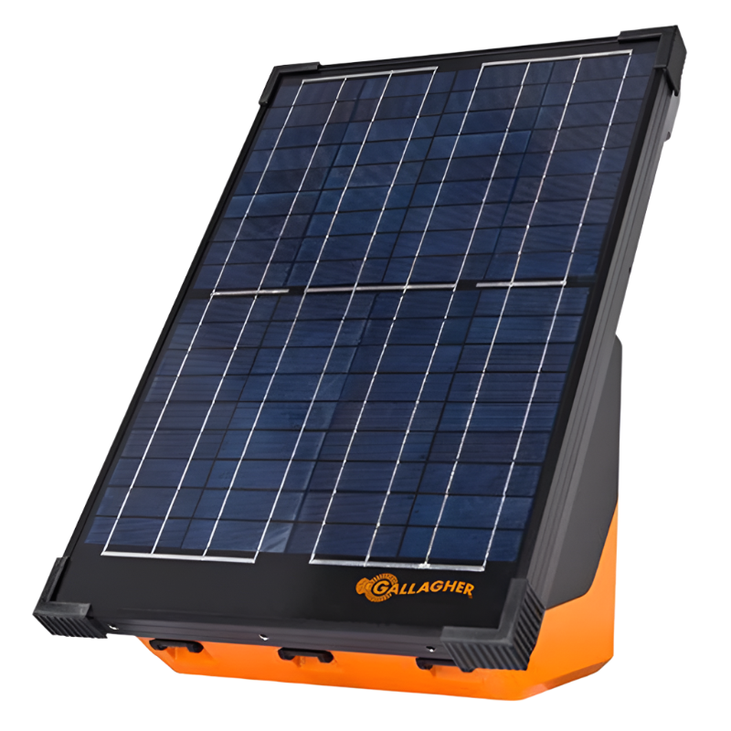 A Gallagher S200 solar energizer for animal fencing, featuring a solar panel on top with a black and orange casing.