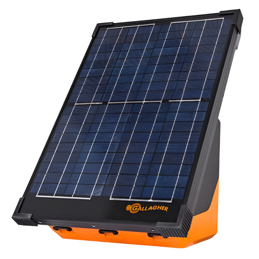 A Gallagher S200 solar energizer for animal fencing, featuring a solar panel on top with a black and orange casing.
