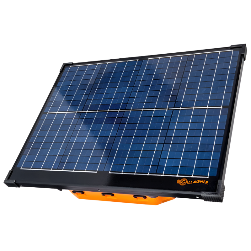A solar panel with a black frame and a yellow label at the bottom containing the brand name 'Gallagher'.