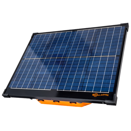 A solar panel with a black frame and a yellow label at the bottom containing the brand name 'Gallagher'.