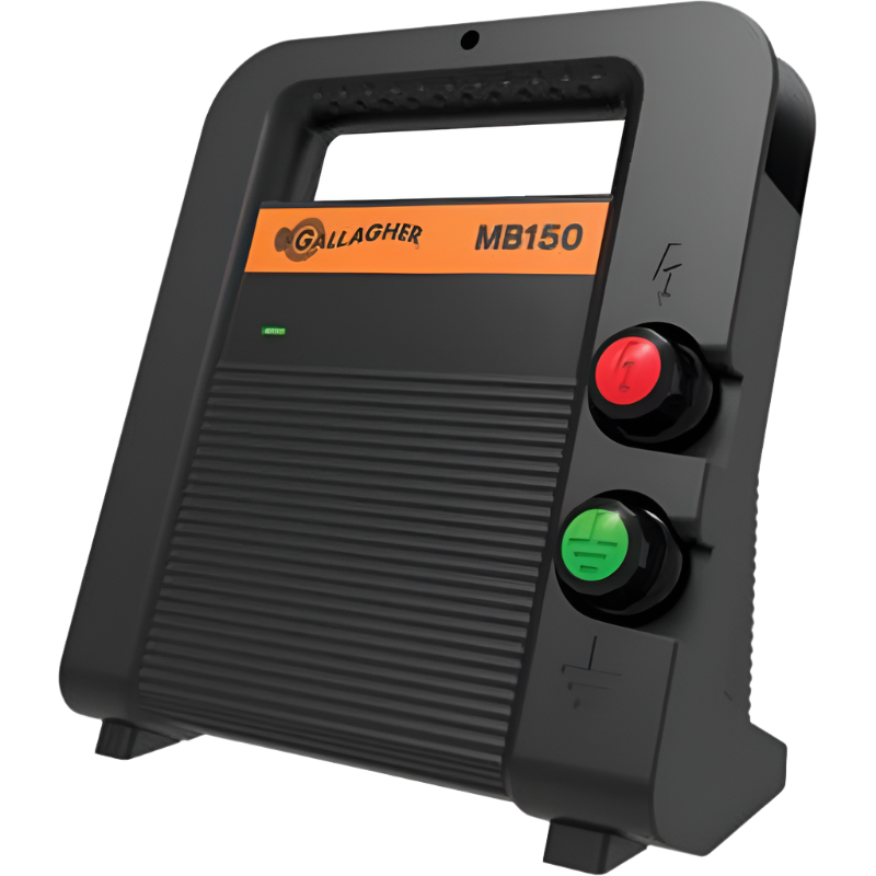 A black Gallagher MB150 electric fence energizer with a red power button and a green start button.