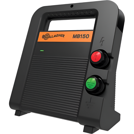 A black Gallagher MB150 electric fence energizer with a red power button and a green start button.