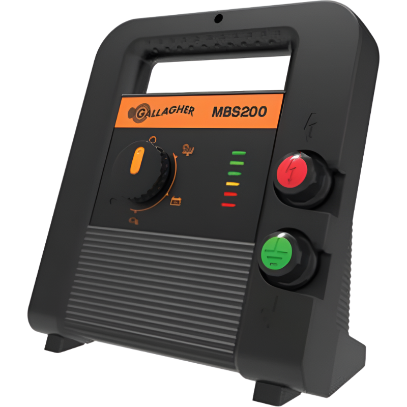 A black Gallagher MBS200 electric fence energizer with control knobs and indicator lights.