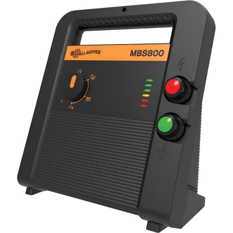 Energizer device for animal fencing with a black casing, labeled 'MBS800', featuring a red button and a green light indicator.