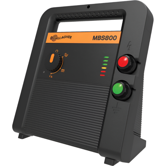 Energizer device for animal fencing with a black casing, labeled 'MBS800', featuring a red button and a green light indicator.