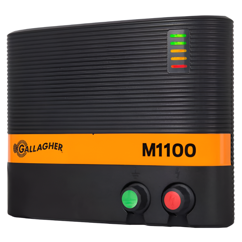 Energizer M1100 animal fencing equipment with a black casing, orange and black color scheme, and branding on the front.
