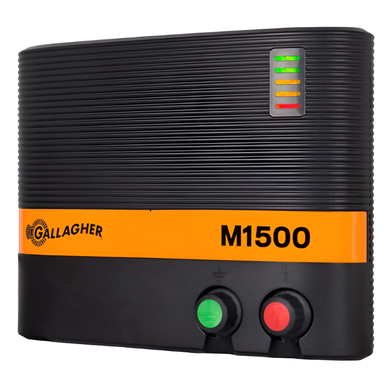 Energizer M1500 for animal fencing, black with orange and gray accents, showing power level indicator and control buttons.