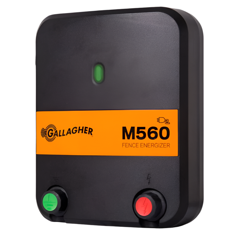 A black Gallagher M560 electric fence energizer with brand logo and control buttons.