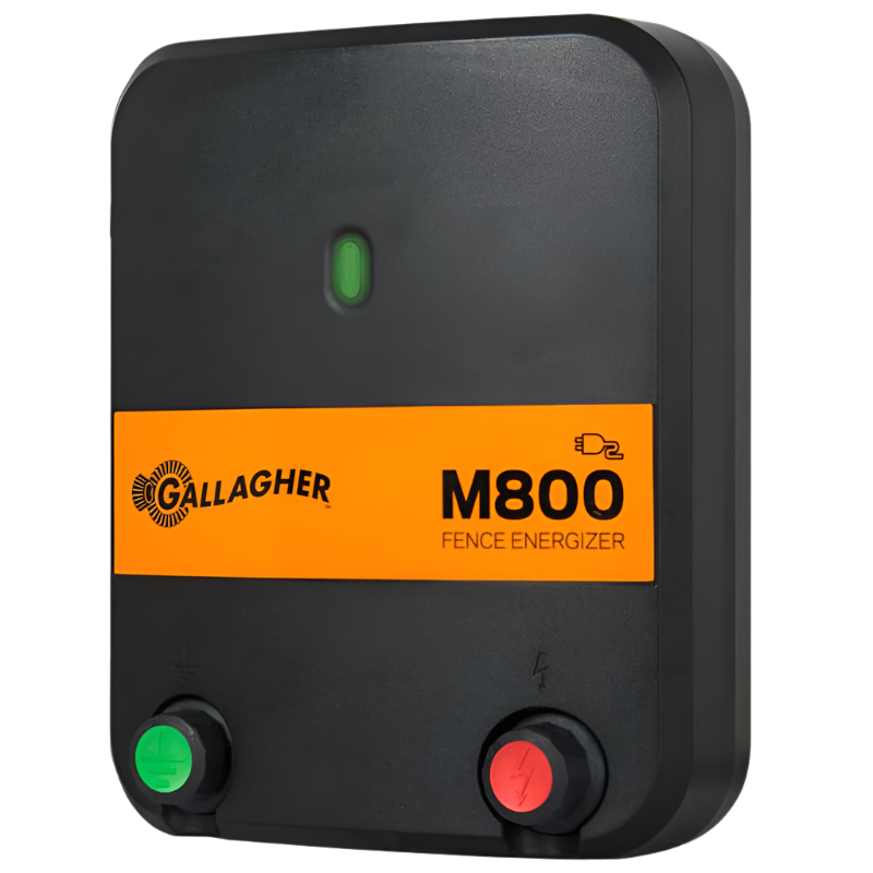 A black Gallagher M800 electric fence energizer with orange, green, and red buttons and indicators.