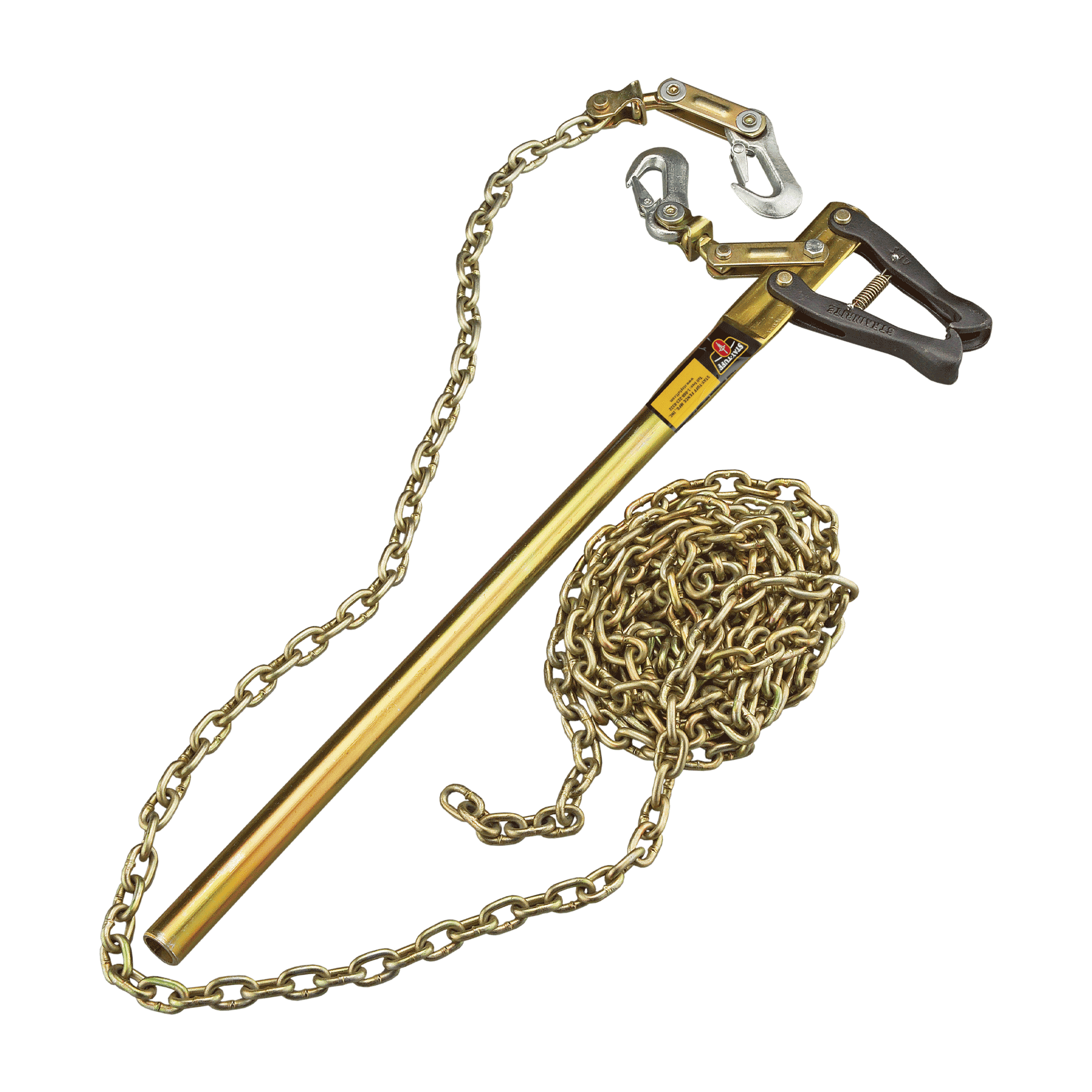 Stay-Tuff stretcher bar puller showing the hooks and chains