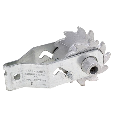 A silver metal Stay-Tuff in-line strainer designed to join two wires, showing the ratcheted handle and the filtering screen.