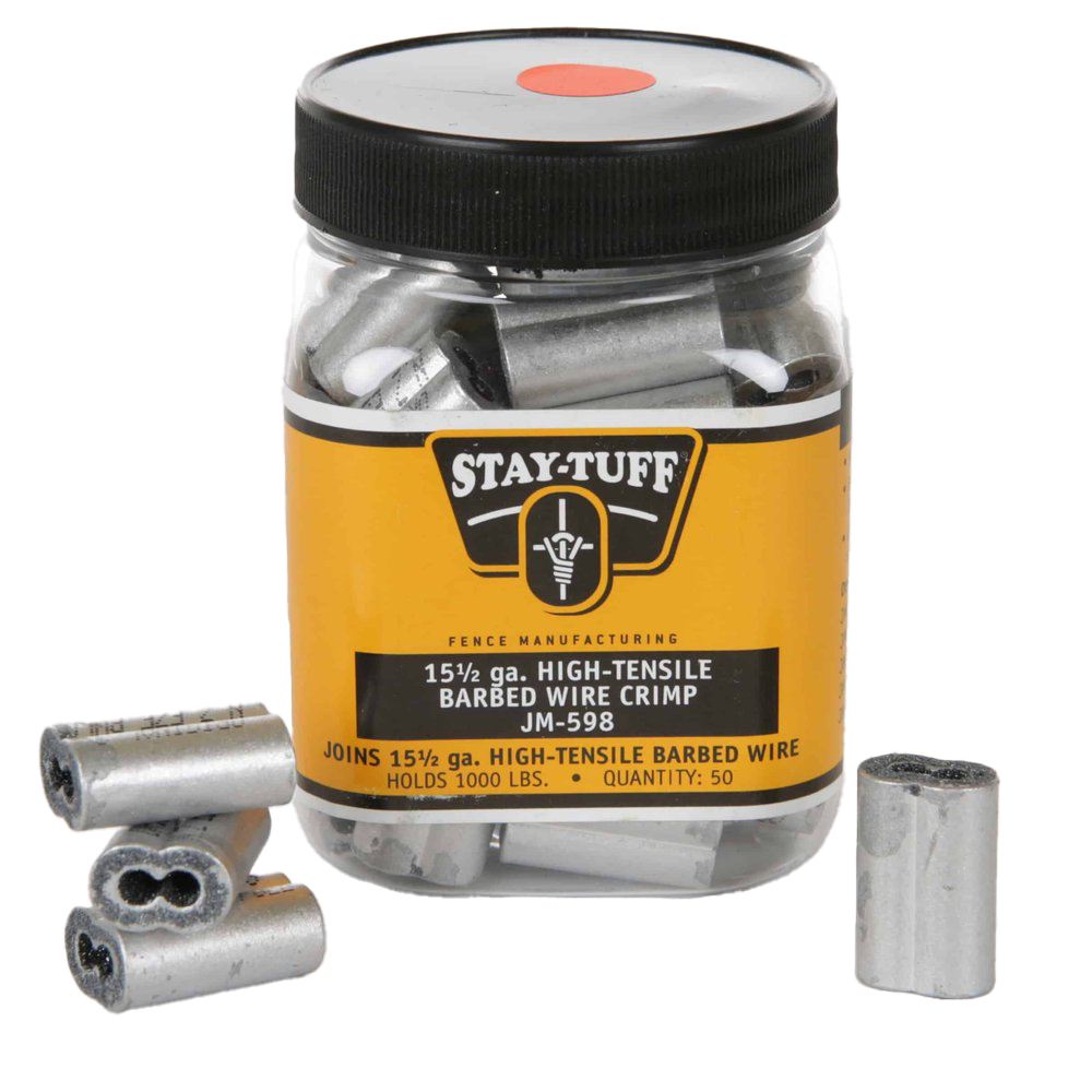 A plastic container of barbed wire crimps
