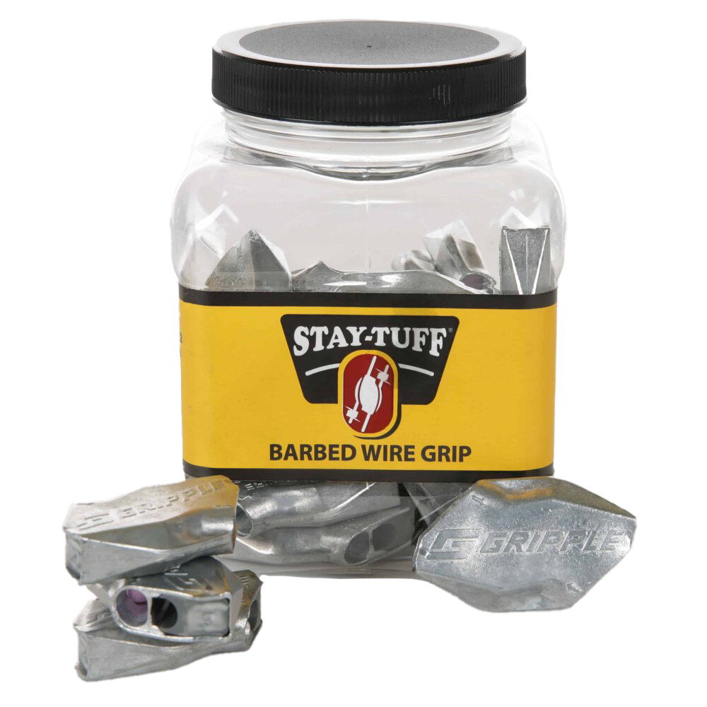 A plastic container of barbed wire grips