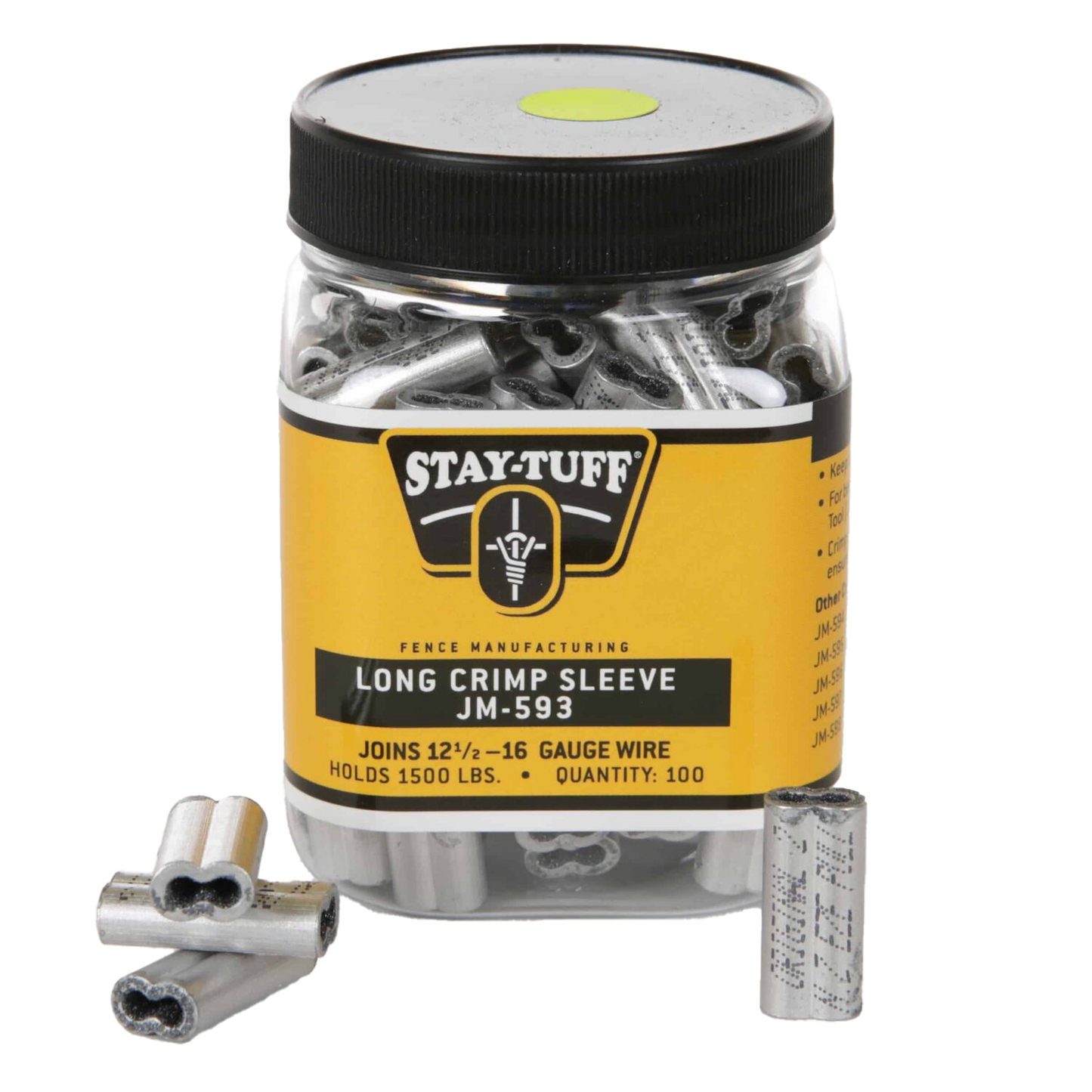 A clear plastic jar with a black lid containing silver-colored long crimp sleeves, labelled with the brand Stay-Tuff.