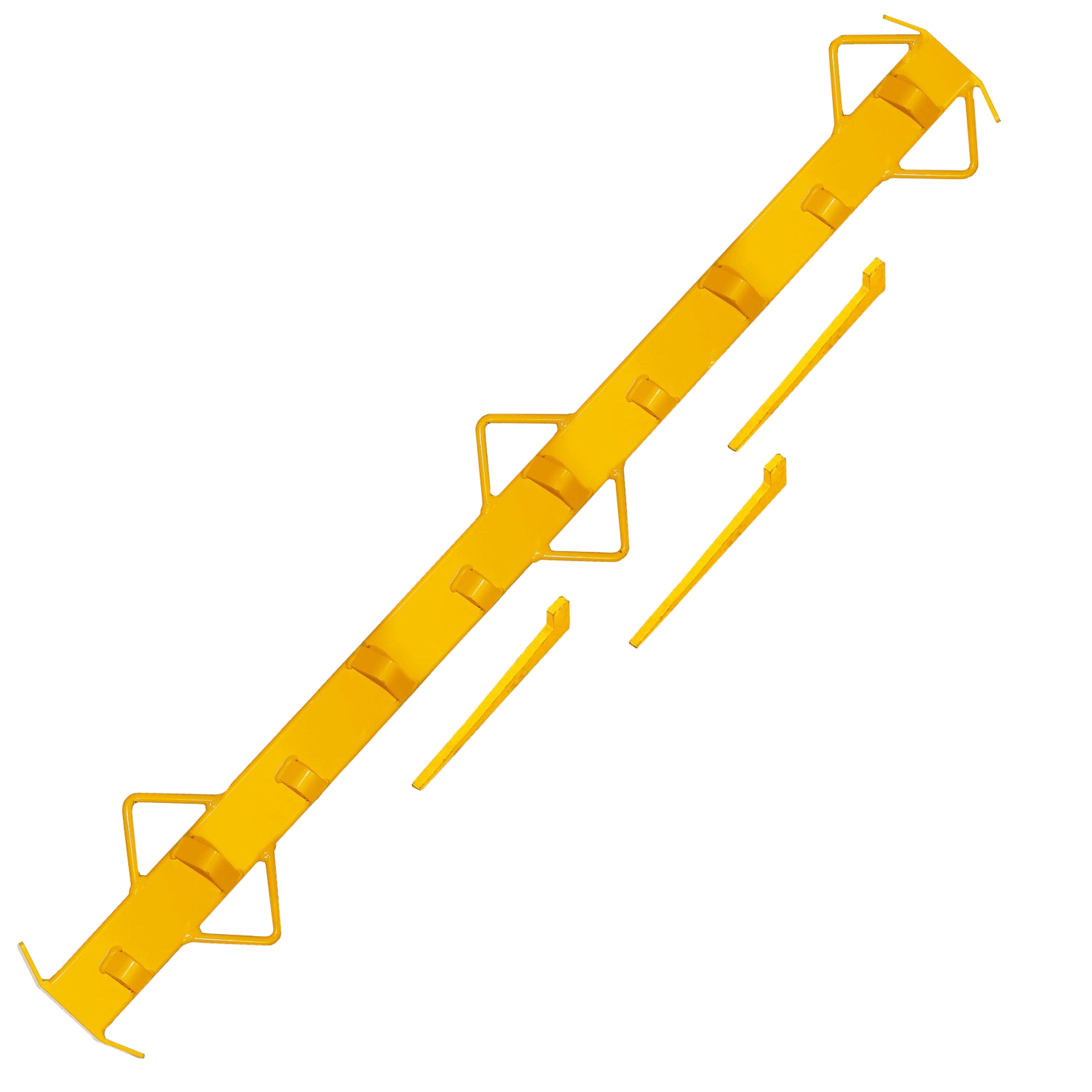 A yellow metal stretcher bar with wedges and pulling lugs designed for use in net wire fence assembly.