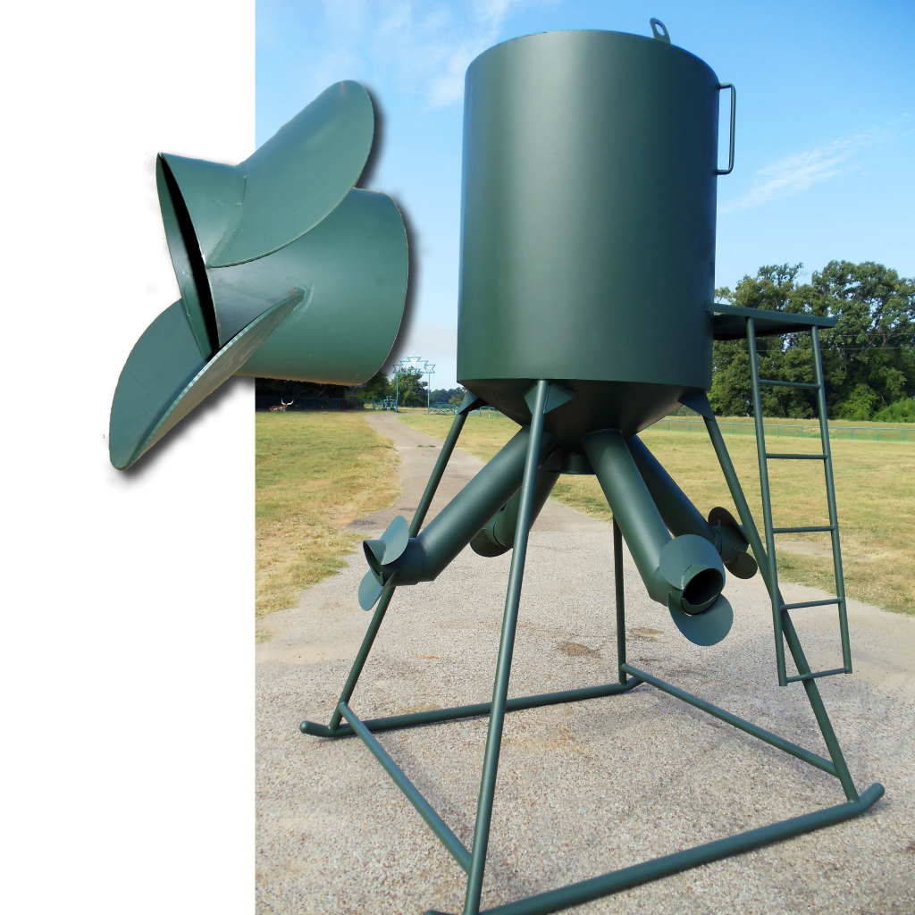A green colored animal feeder mounted on a stand, designed to eliminate feed waste.