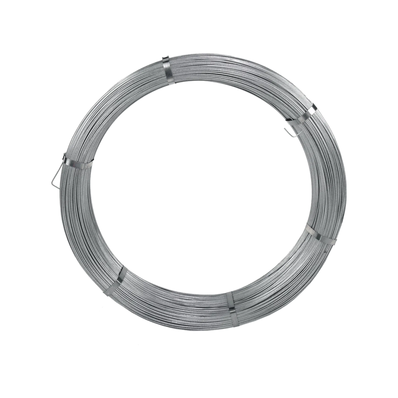 A coil of electric fence wire, supported by metal bands.