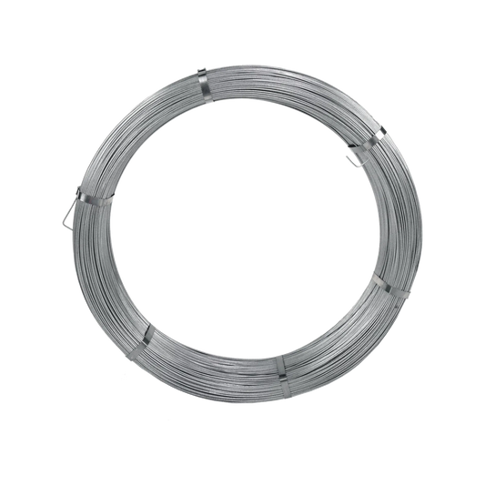 A coil of electric fence wire, supported by metal bands.