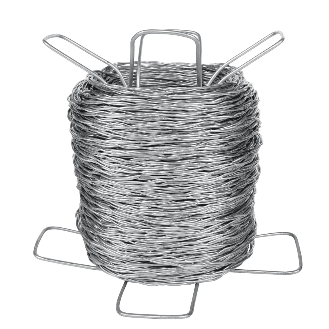 A spool of high tensile barbless wire, coiled and supported by metal holders.