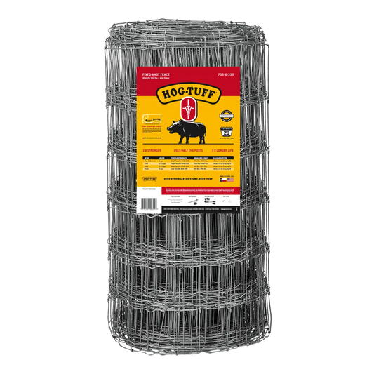 A roll of silver hog fence with a label that includes the brand name 'Hog-Tuff' and an image of a pig, indicating the product is used for fencing.