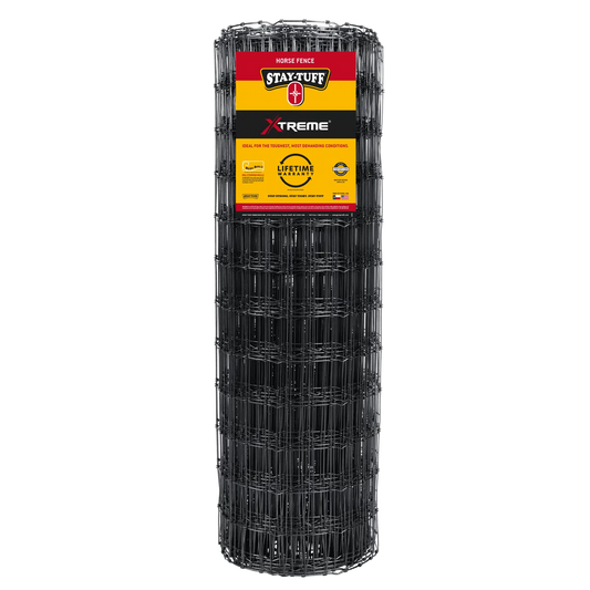 A roll of black horse fencing with the Stay-Tuff brand label on it.