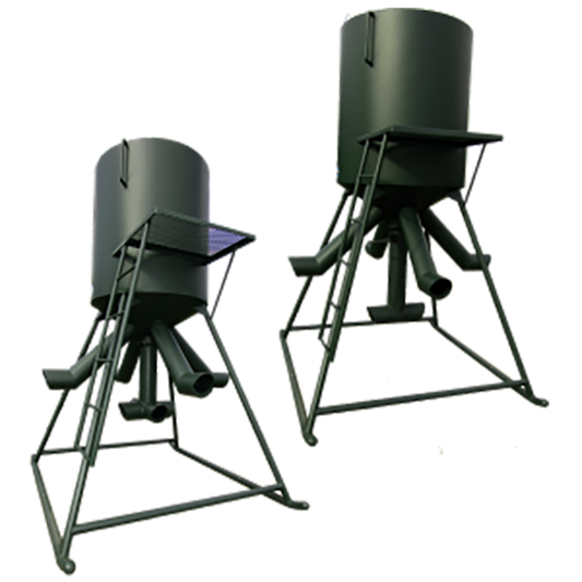 Two breen metal feeders with a tripod base, signed for wildlife.