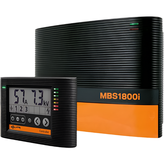 Energizer MBS1800i fence control unit, predominantly black with orange accents, featuring a digital display and various control buttons.