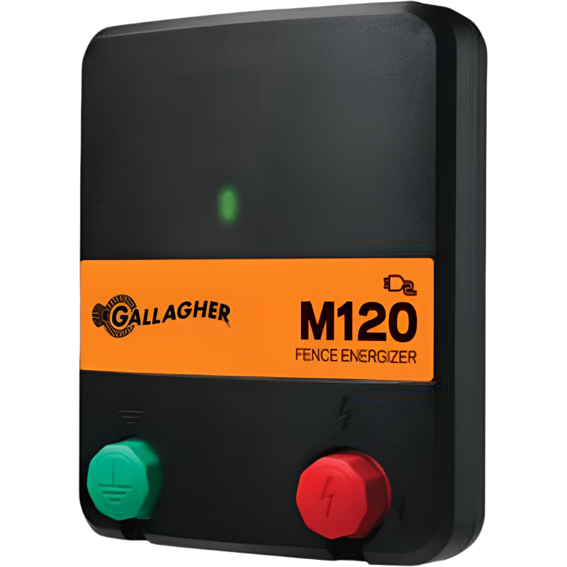 A black Gallagher M120 electric fence energizer with orange, green, and red buttons and a brand logo.