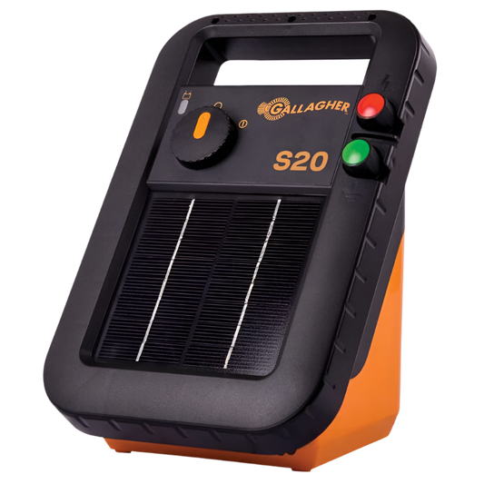 A portable black and orange Energizer S20 solar-powered electric fence energizer with a solar panel on top and control buttons in the front.