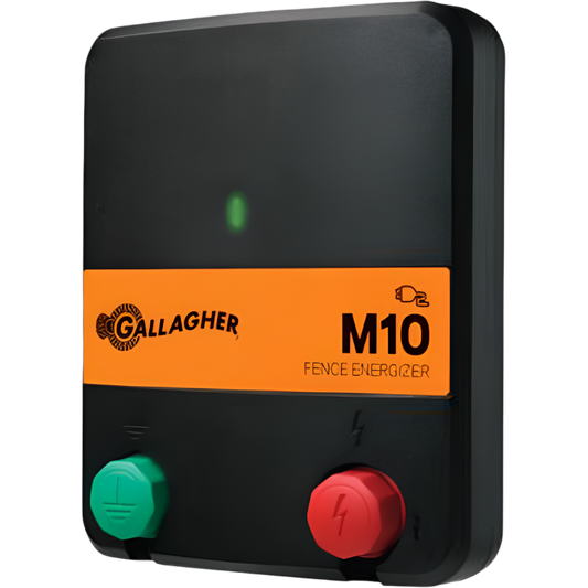 A black Gallagher M10 Fence Energizer with orange, green, and red buttons and a brand logo on the front.