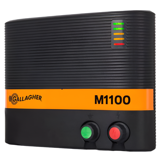 Energizer M1100 animal fencing equipment with a black casing, orange and black color scheme, and branding on the front.