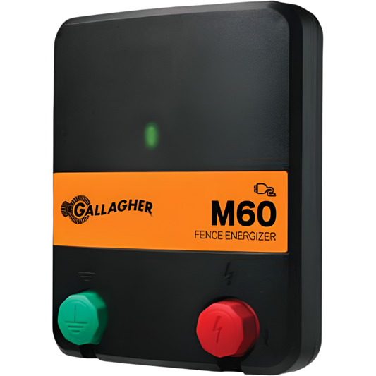Energizer M60 Fence Energizer by Gallagher, a black rectangular device with a digital display, green and red buttons, and orange branding.