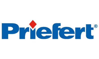 Priefert logo with blue text and a red diamond on a white background