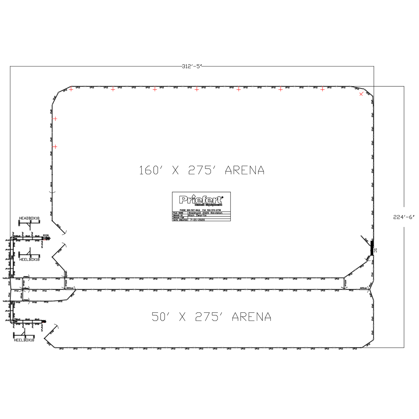 Side by Side 160' x 275' Team/50' x 275' Calf Roping Arena w/Utility Panels & 10' Return Alley - ROPING10