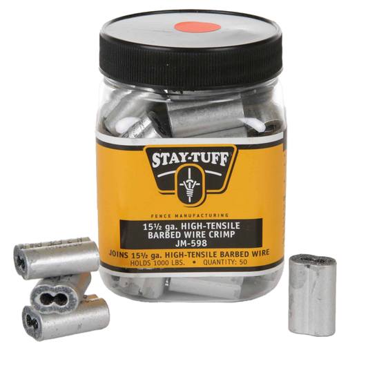 A plastic container of barbed wire crimps