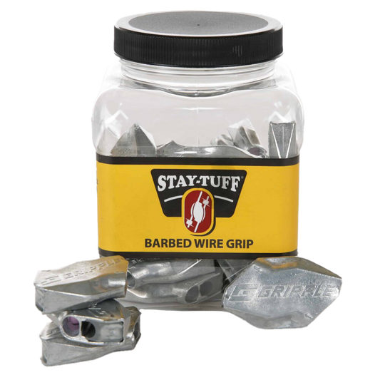 A plastic container of barbed wire grips