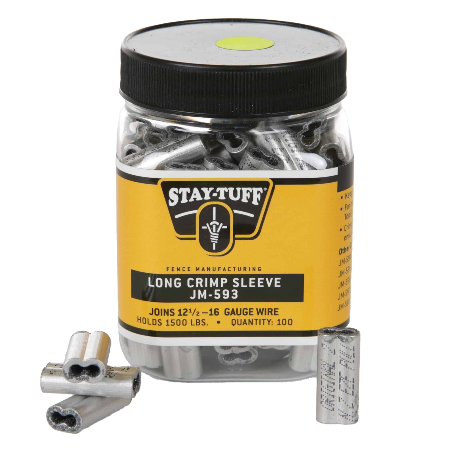 A clear plastic jar with a black lid containing silver-colored long crimp sleeves, labelled with the brand Stay-Tuff.