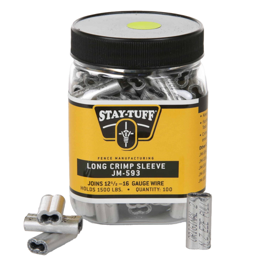 A clear plastic jar with a black lid containing silver-colored long crimp sleeves, labelled with the brand Stay-Tuff.