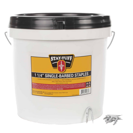 A white container with a black lid labeled 'Stay-Tuff 1 1/4" Single-Barbed Staples', containing barbed staples used for fencing.